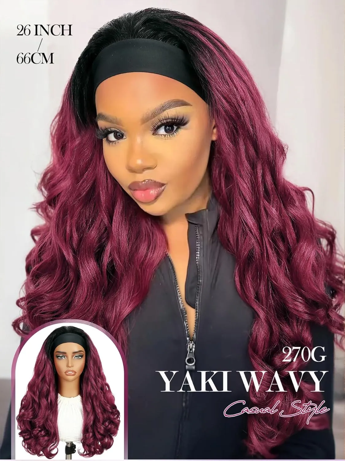 Yaki Wavy Headband Wigs Ombre Burgundy Kinky Straight Wear and Go Wig with Curly Wavy Ends for Mom on the Go Synthetic Headband Blow Out Style Natural Hair Wig for Black Women Bug