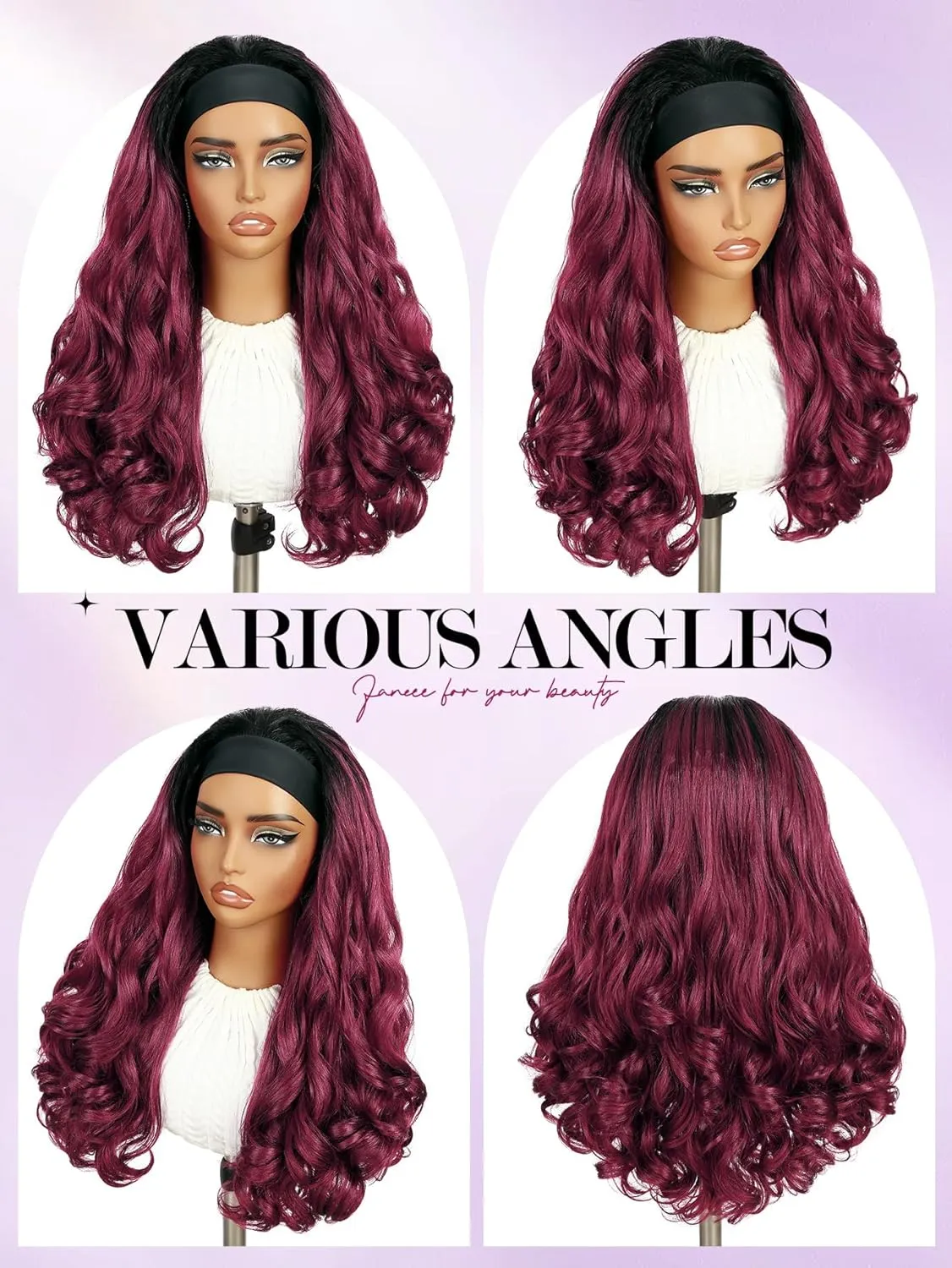 Yaki Wavy Headband Wigs Ombre Burgundy Kinky Straight Wear and Go Wig with Curly Wavy Ends for Mom on the Go Synthetic Headband Blow Out Style Natural Hair Wig for Black Women Bug