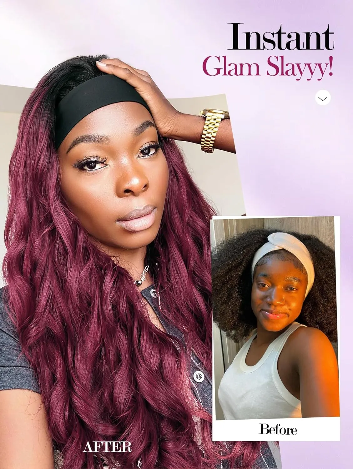 Yaki Wavy Headband Wigs Ombre Burgundy Kinky Straight Wear and Go Wig with Curly Wavy Ends for Mom on the Go Synthetic Headband Blow Out Style Natural Hair Wig for Black Women Bug