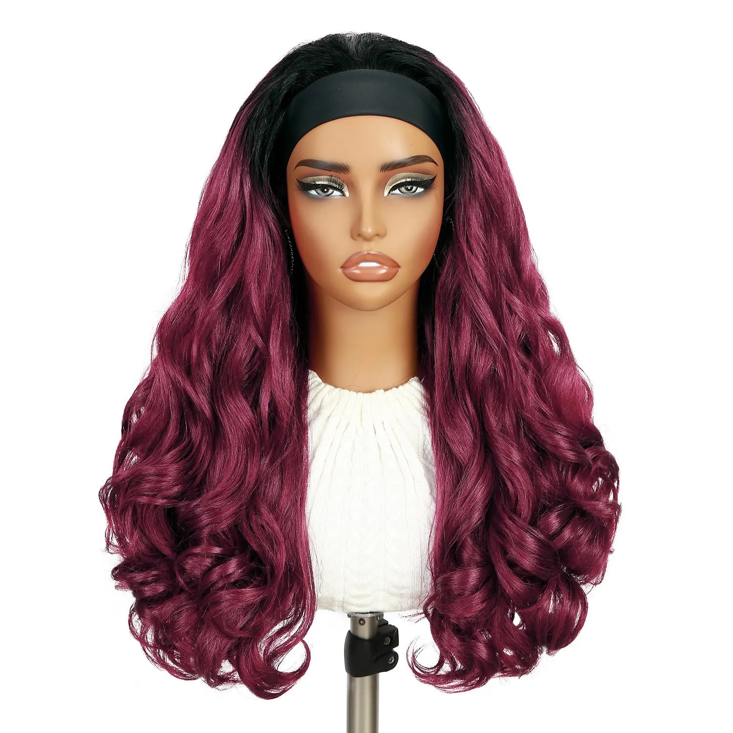 Yaki Wavy Headband Wigs Ombre Burgundy Kinky Straight Wear and Go Wig with Curly Wavy Ends for Mom on the Go Synthetic Headband Blow Out Style Natural Hair Wig for Black Women Bug