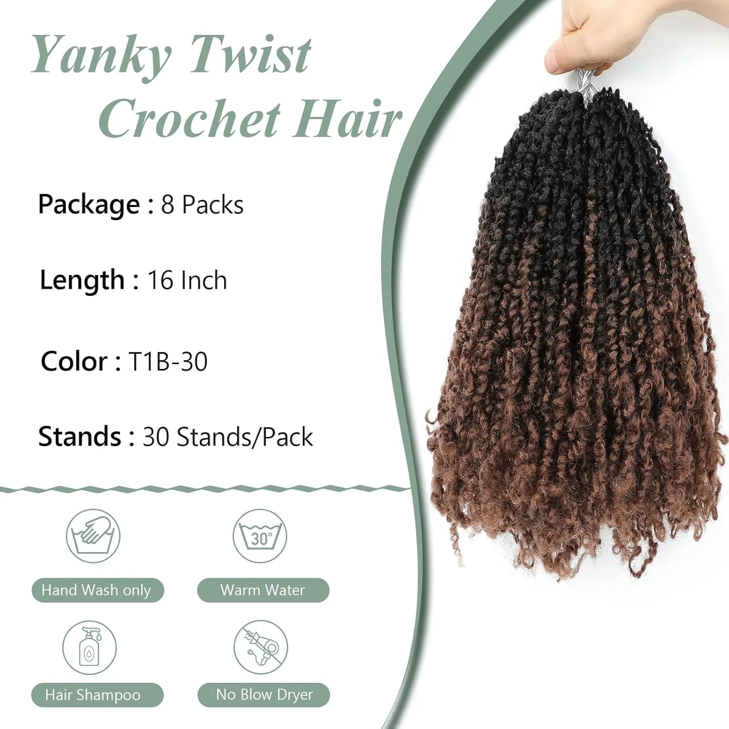 Yanky Twist Crochet Hair 16 Inch 8 Packs Crochet Yanky Twist Hair Spring Mini Twist Crochet Hair Extensions 1B/30 Bohemian Passion Twist Hair for Black Women