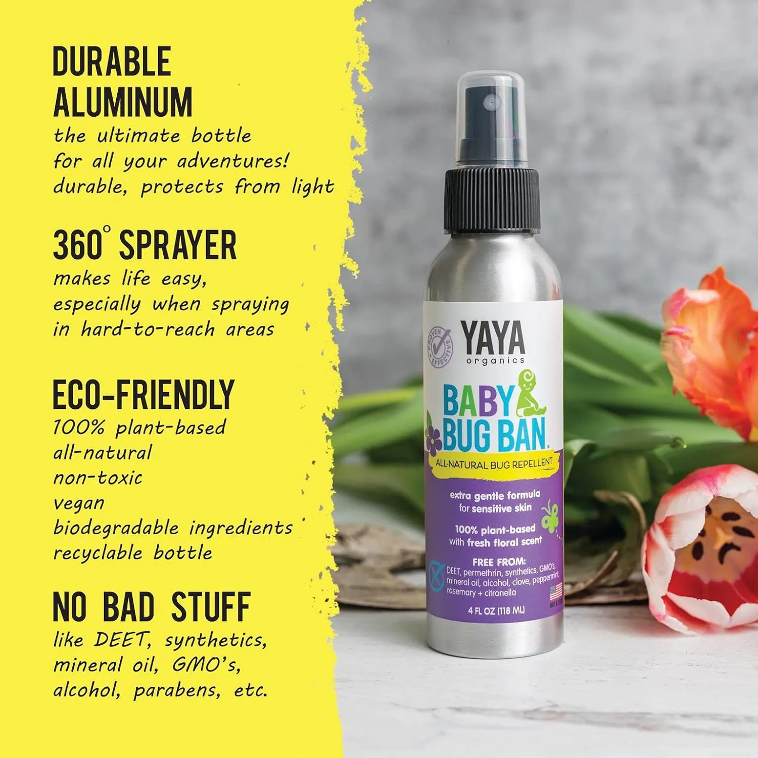YAYA ORGANICS Baby Bug BAN – All-Natural, Proven Effective Repellent for Babies, Kids and Sensitive Skin (4 Ounce Spray, 2-Pack)