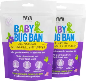 YAYA ORGANICS Baby Bug BAN Insect Repellent Wipes – All-Natural, DEET-Free, Non-Toxic, for Babies, Kids and Sensitive Skin (24 Count, Pack of 2)