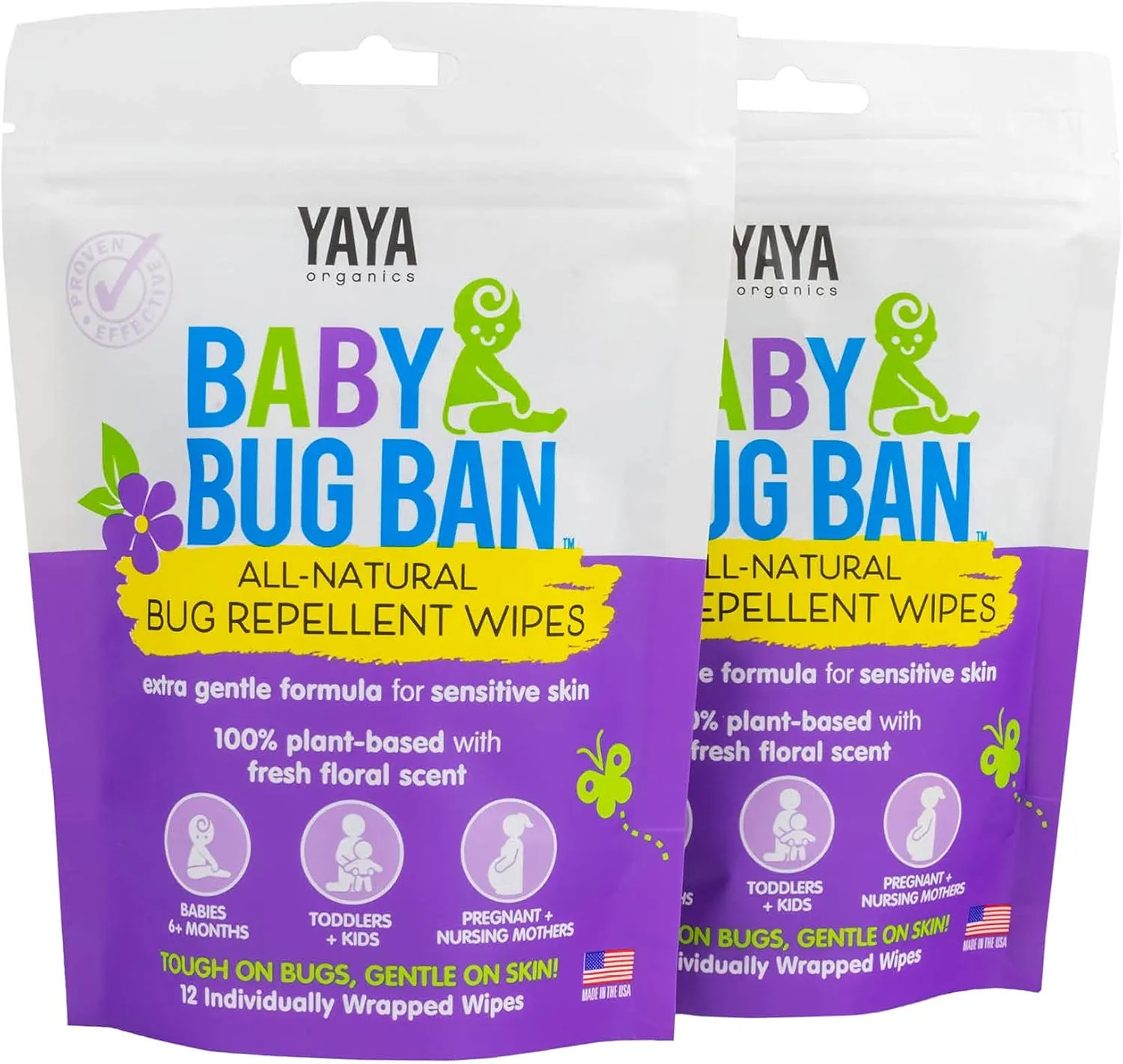 YAYA ORGANICS Baby Bug BAN Insect Repellent Wipes – All-Natural, DEET-Free, Non-Toxic, for Babies, Kids and Sensitive Skin (24 Count, Pack of 2)