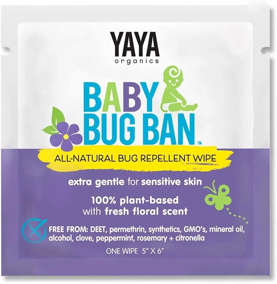 YAYA ORGANICS Baby Bug BAN Insect Repellent Wipes – All-Natural, DEET-Free, Non-Toxic, for Babies, Kids and Sensitive Skin (24 Count, Pack of 2)