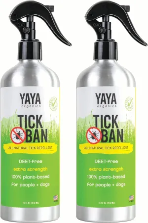 Yaya Organics Tick Ban | Extra Strength Tick Repellent Made with Essential Oils and All Natural, DEET Free Ingredients | Proven Effective, Safe for Adults, Kids and Dogs | 16 Ounce (2 Pack)