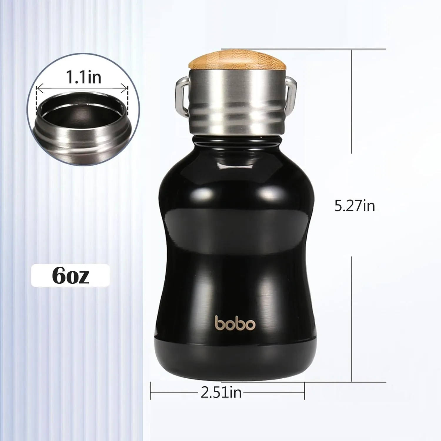 YOHKOH Mini Vacuum Insulated Water Bottle With Bamboo Lid - Stainless Steel Thermos Water Bottle for Women Girls Kids, Metal Sports Hot and Cold Water Bottle Leak-Proof BPA-Free (6.4oz,Black)