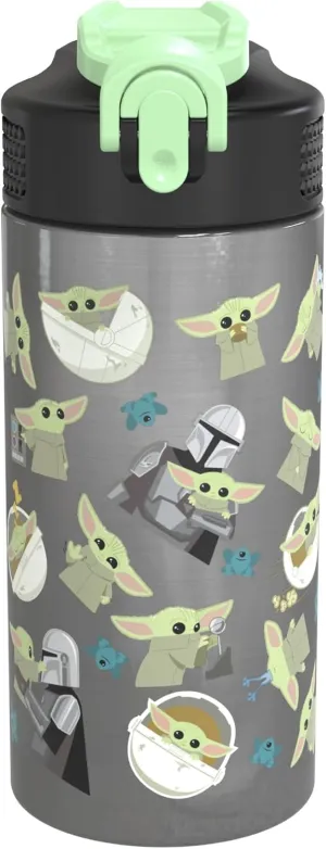 zak! Star Wars The Mandalorian The Child - Stainless Steel Vacuum Insulated Water Bottle - 14 oz - Durable & Leak Proof - Flip-Up Straw Spout & Built-In Carrying Loop - BPA Free