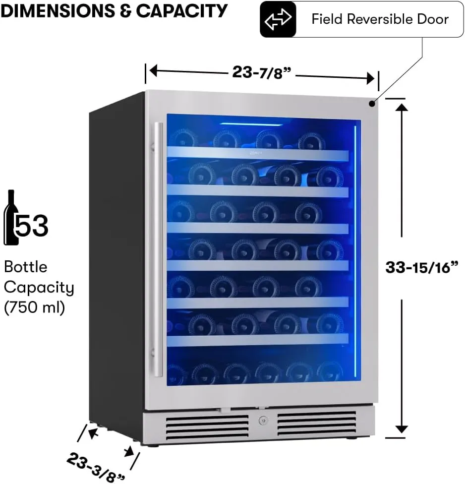 Zephyr Presrv 24" Wine Fridge Single Zone Under Counter - Countertop Wine Cooler Cellars Cabinet Wine Beverage Refrigerator Home Bar Chiller Freestanding with Glass Door, 53 Bottles 750ml