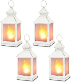 ZKEE Vintage Style Decorative Lanterns - Flame Effect LED, White, 4 Hour Timer, Indoor/Outdoor Hanging, Set of 4