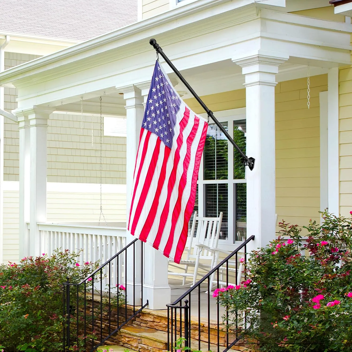 ZMTECH 2 Pcs 6 FT Flag Pole with Solar Light - Adjustable Bracket, Stainless Steel Flag Poles for Outside House, Tangle Free Flag Pole Holder Kit for American Flag (Without Flag, Black)