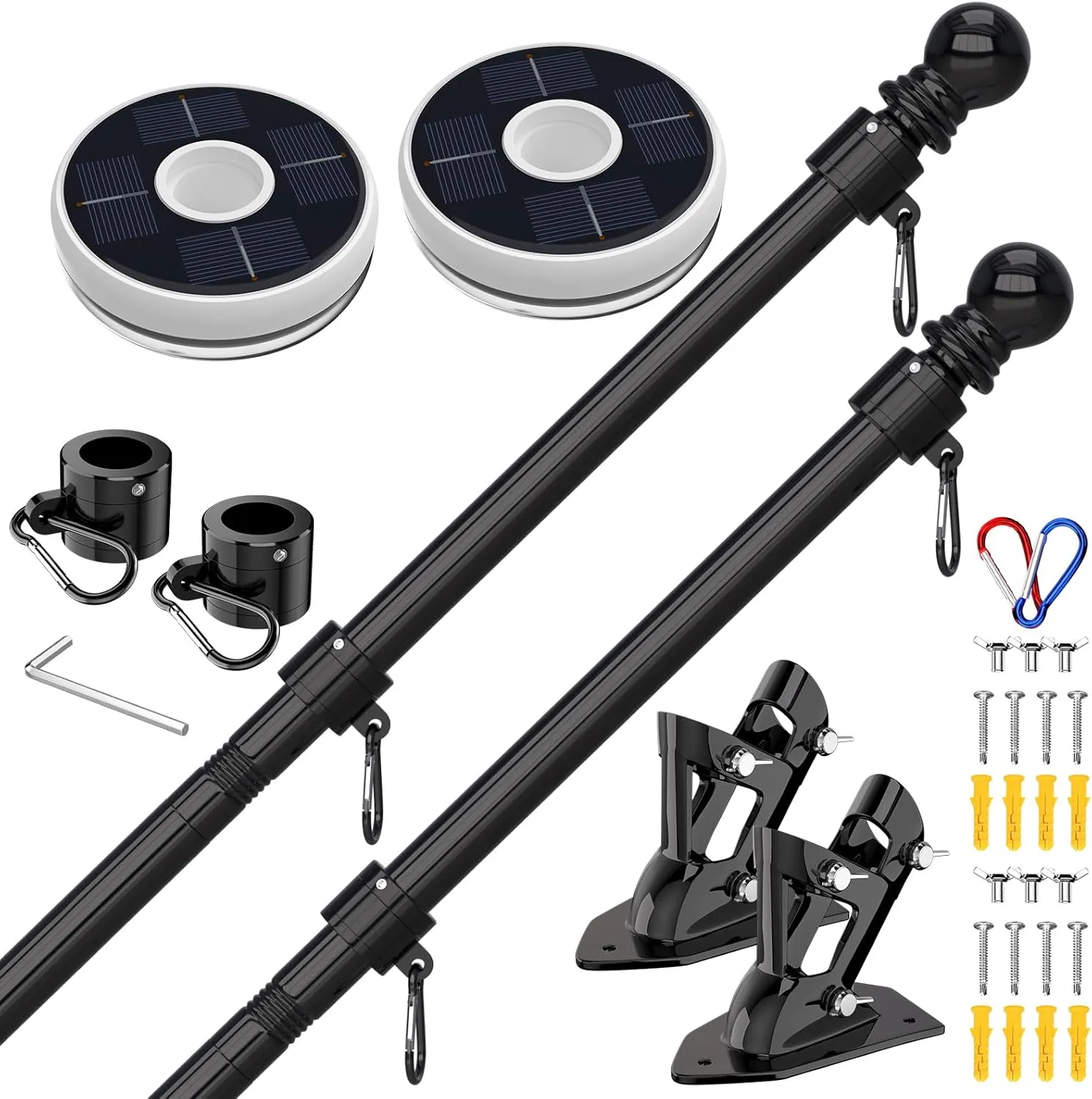 ZMTECH 2 Pcs 6 FT Flag Pole with Solar Light - Adjustable Bracket, Stainless Steel Flag Poles for Outside House, Tangle Free Flag Pole Holder Kit for American Flag (Without Flag, Black)