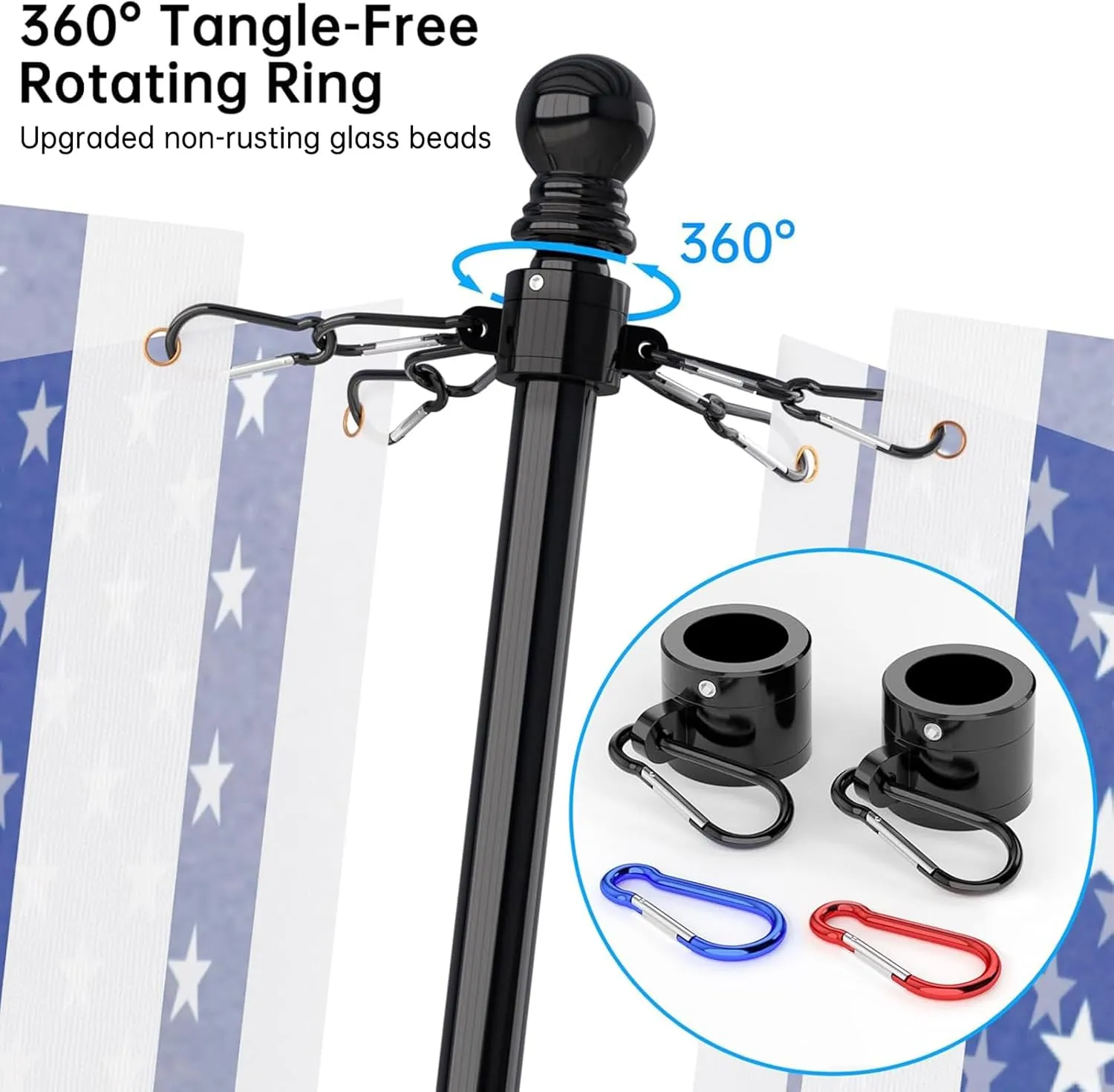 ZMTECH 2 Pcs 6 FT Flag Pole with Solar Light - Adjustable Bracket, Stainless Steel Flag Poles for Outside House, Tangle Free Flag Pole Holder Kit for American Flag (Without Flag, Black)