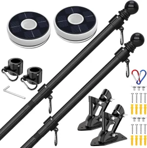 ZMTECH 2 Pcs 6 FT Flag Pole with Solar Light - Adjustable Bracket, Stainless Steel Flag Poles for Outside House, Tangle Free Flag Pole Holder Kit for American Flag (Without Flag, Black)