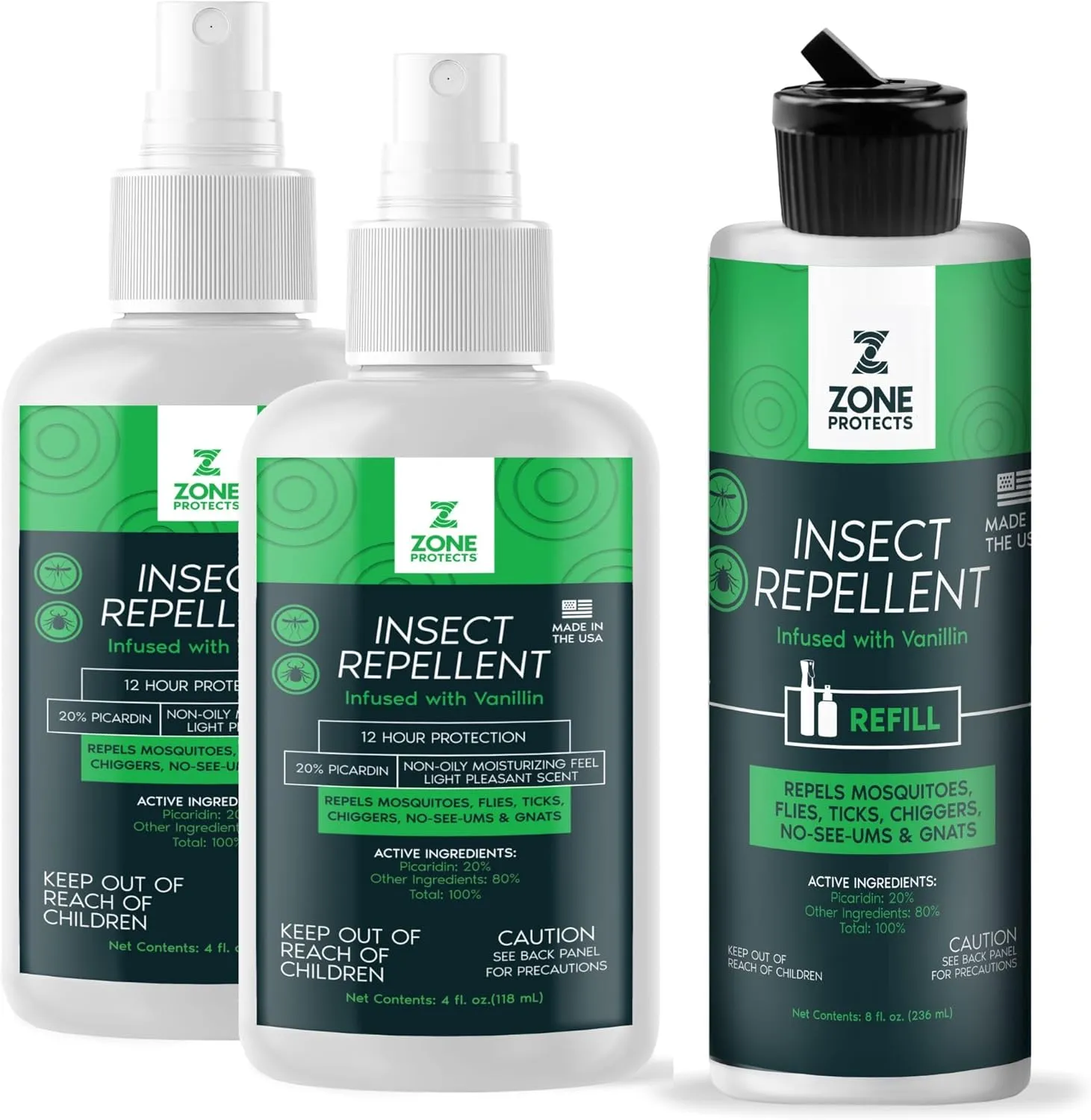 Zone Protects Picaridin Insect Repellent 2-Pack   Refill – DEET-Free, 12-Hour Protection, Scented with Vanillin, Repels Mosquitoes, Ticks, Chiggers, Gnats, No-Seeums