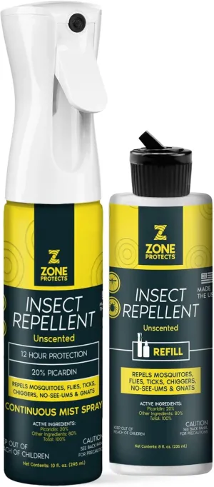 Zone Protects Unscented Picaridin Continuous Spray   Refill Combo; 10 oz Picaridin Spray w/ 8 oz Refill. Repel Ticks, Gnats, Chiggers and Mosquitoes