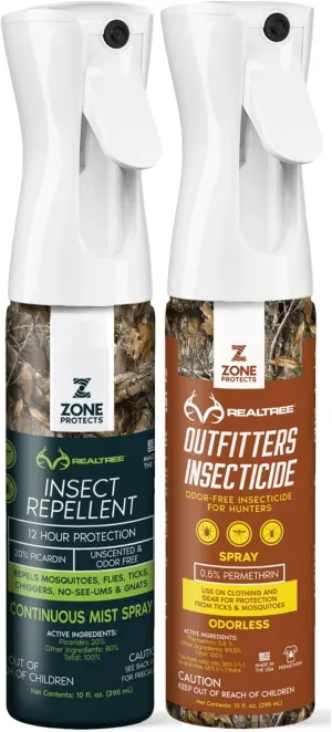 Zone Realtree Complete Bundle - 10oz Picaridin Insect Repellent & 10oz Permethrin Outfitter's Continuous Spray, 12-Hour Protection Against Ticks, Chiggers, Mosquitoes, (2) 10oz Bottles
