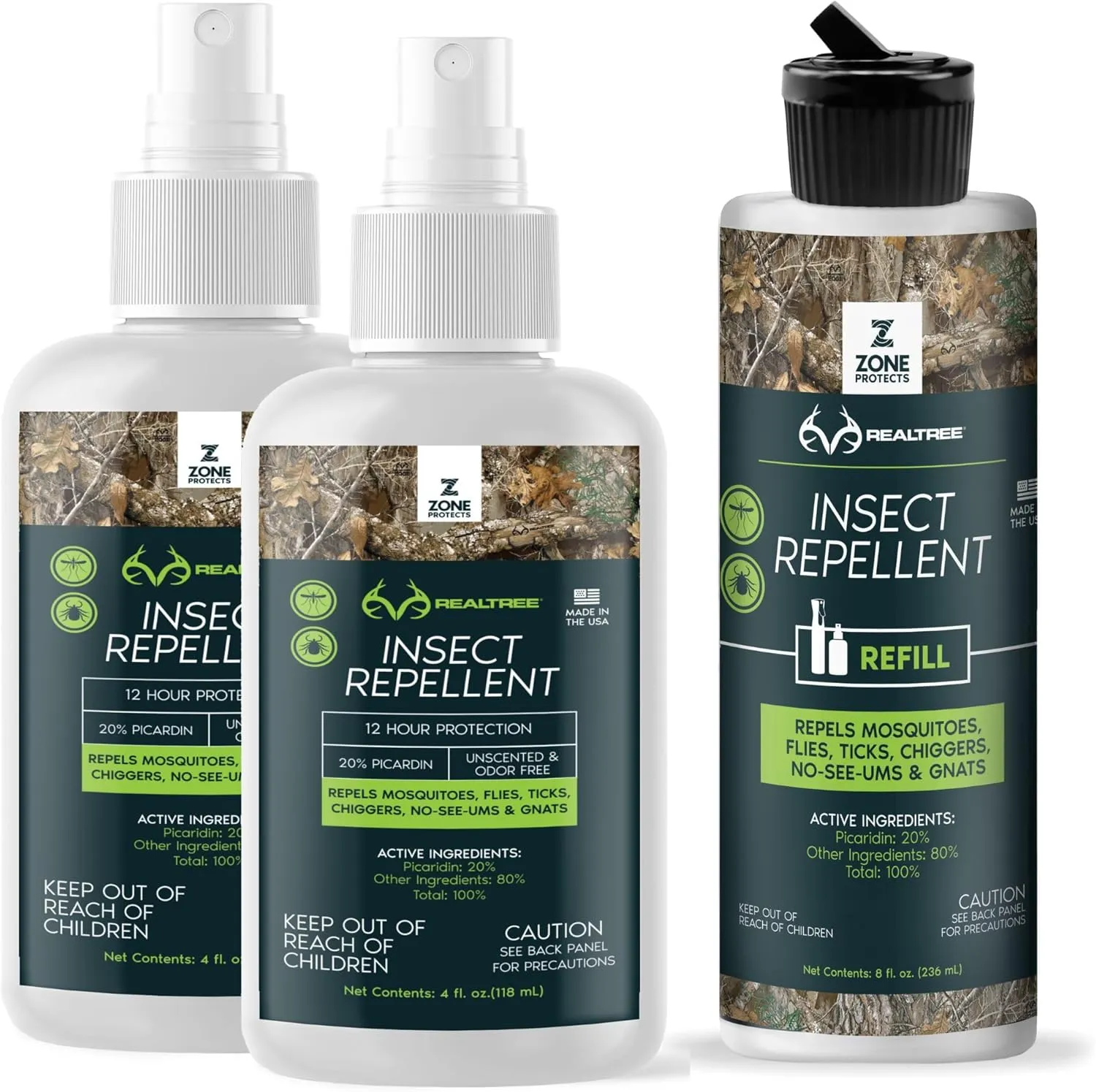 Zone Realtree Picaridin Insect Repellent - DEET-Free, Two 4oz Bottles   8oz Refill, Unscented & Odor-Free, Repels Ticks, Chiggers, Gnats & Mosquitoes