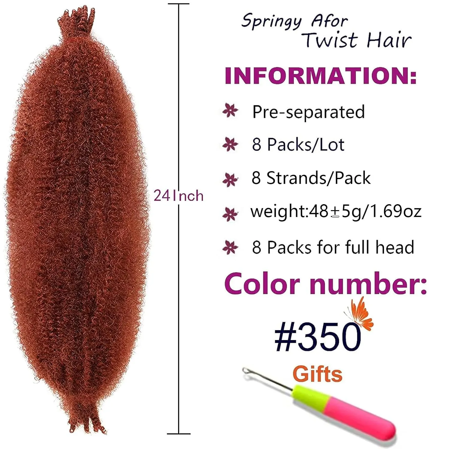 ZRQ 24 Inch Soft Springy Afro Twist Hair For Distressed Locs 8 Packs Copper Red Marley Crochet Braiding Hair Pre-Separated Synthetic Hair Extension For Black Women 8 Strands/Pack (350#)