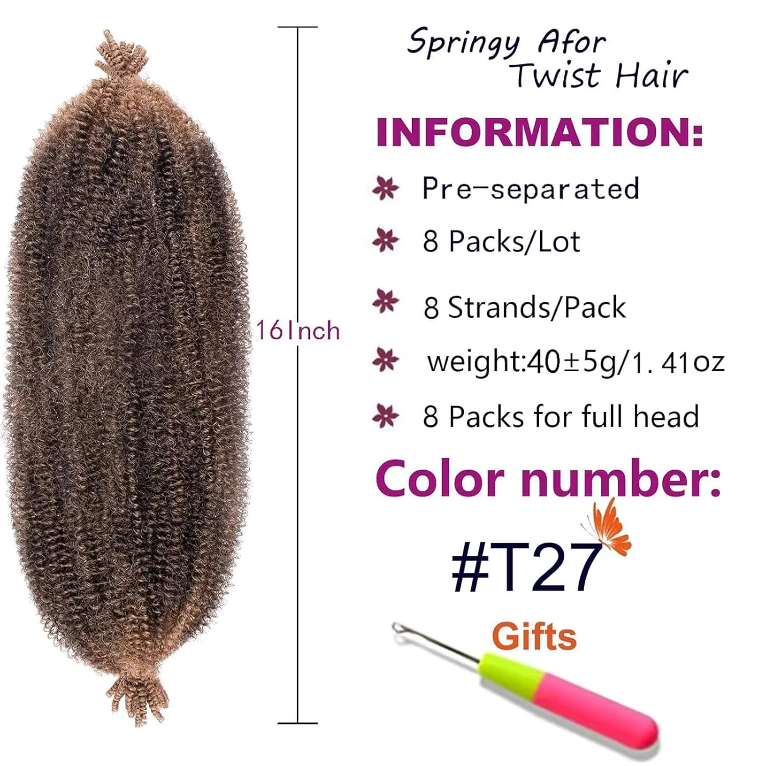 ZRQ 8 Packs Ombre Springy Afro Twist Hair For Distressed Locs 16 Inch Marley Crochet Braiding Hair Synthetic Pre-Separated Spring Twist Hair Extension For Women 8 Strands/Pack (1B/27#)