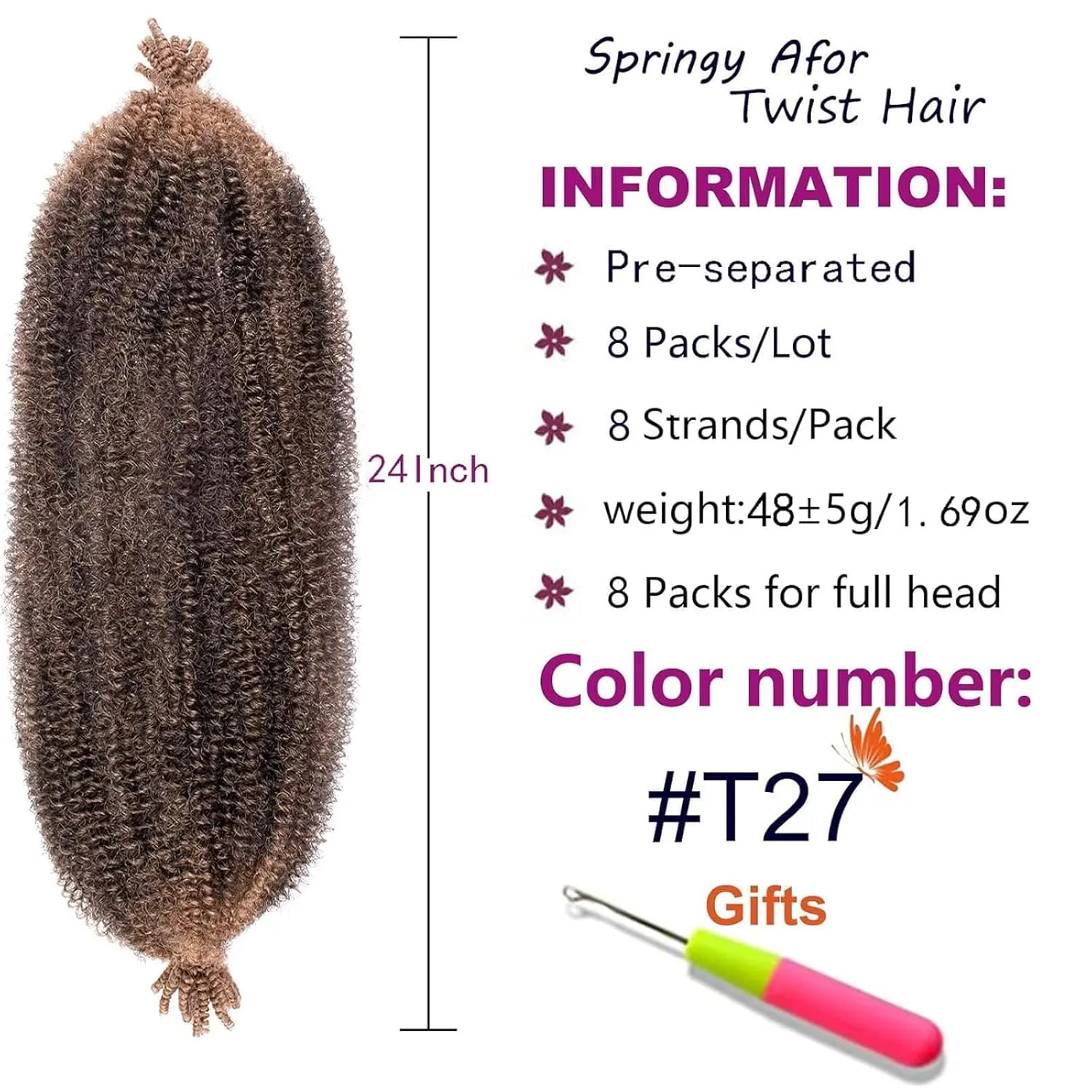 ZRQ 8 Packs Pre-Separated Springy Afro Twist Hair For Distressed Soft Locs 24 Inch Ombre Marley Crochet Braiding Hair Synthetic Hair Extension For Black Women 8 Strands/Pack (1B/27#)