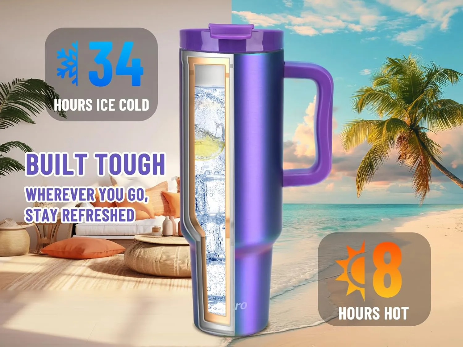 Zukro 50 oz Tumbler With Handle and Flip Straw, Leak Proof Lid, Insulated Stainless Steel Reusable Gym Water Bottle, Large Travel Cup Fit in Cupholder, BPA-Free, Gift for Women & Men, Black