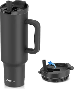 Zukro 50 oz Tumbler With Handle and Flip Straw, Leak Proof Lid, Insulated Stainless Steel Reusable Gym Water Bottle, Large Travel Cup Fit in Cupholder, BPA-Free, Gift for Women & Men, Black