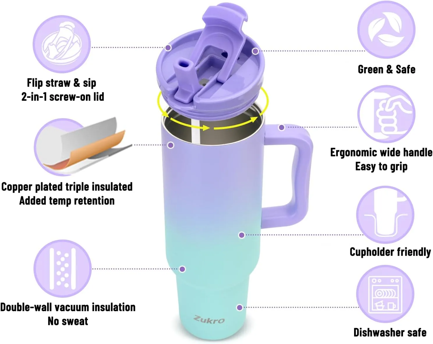 Zukro 50 oz Tumbler With Handle and Flip Straw, Leak Proof Lid, Insulated Stainless Steel Reusable Gym Water Bottle, Large Travel Cup Fit in Cupholder, BPA-Free, Gift for Women & Men, Black