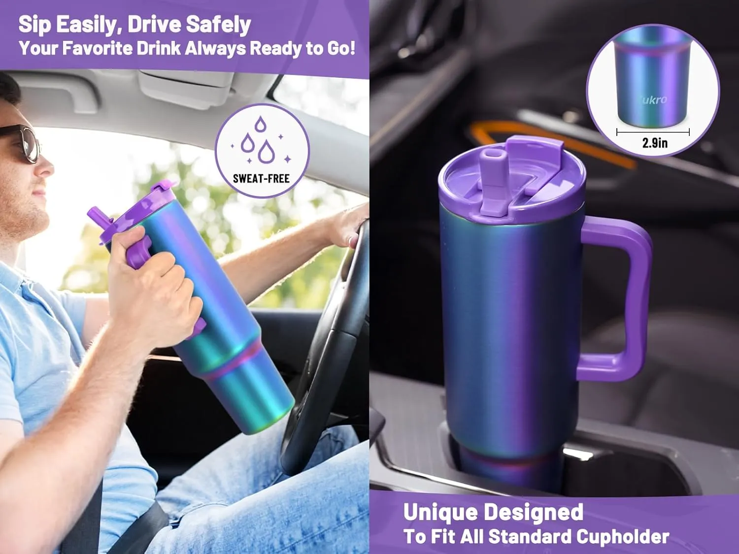 Zukro 50 oz Tumbler With Handle and Flip Straw, Leak Proof Lid, Insulated Stainless Steel Reusable Gym Water Bottle, Large Travel Cup Fit in Cupholder, BPA-Free, Gift for Women & Men, Black