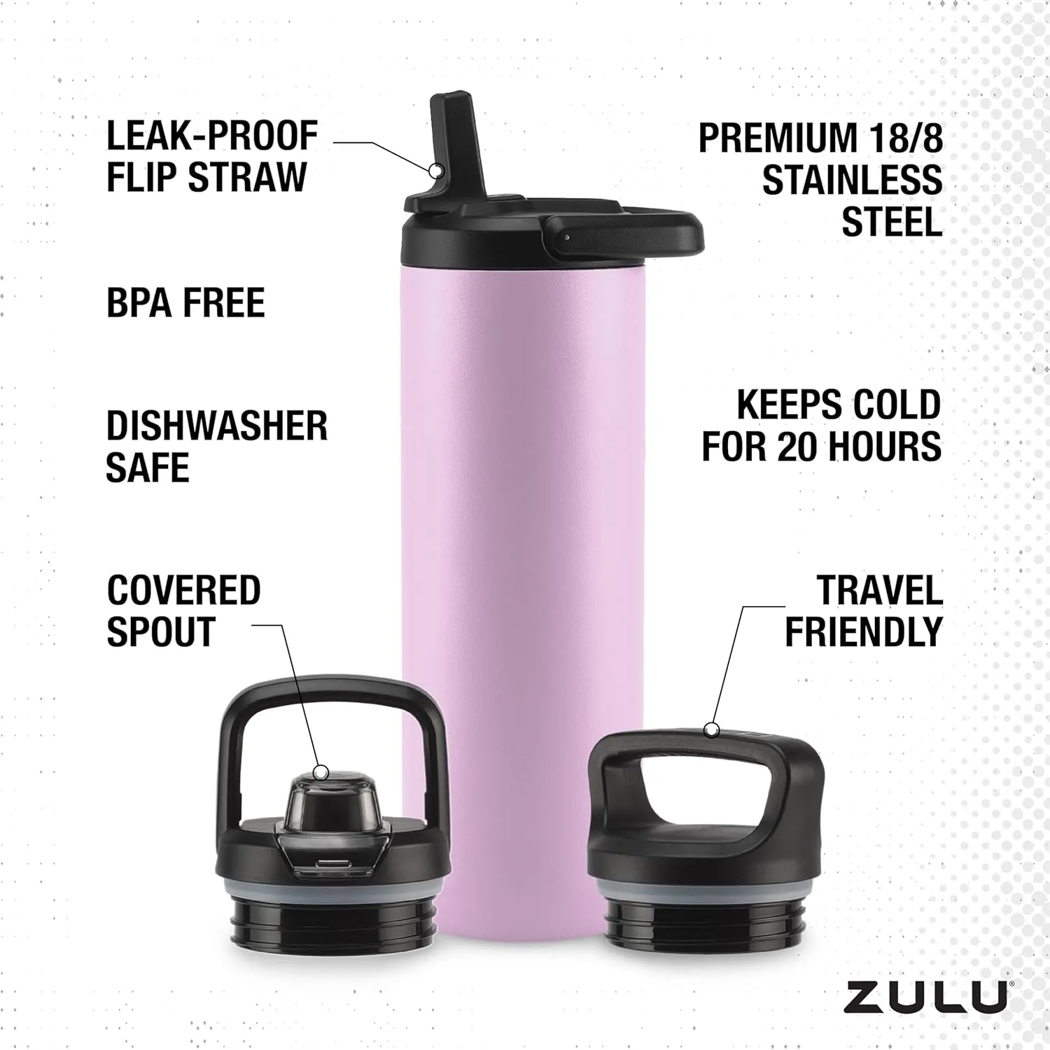 ZULU Base 24oz Stainless Steel Water Bottle with 3 Lids- Straw, Chug, Twist | Double Walled and Vacuum Insulated Metal Thermos | Fits Car Cupholder, Built in Carry Loop, Dishwasher Safe, Pink