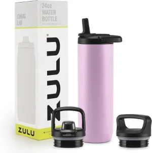 ZULU Base 24oz Stainless Steel Water Bottle with 3 Lids- Straw, Chug, Twist | Double Walled and Vacuum Insulated Metal Thermos | Fits Car Cupholder, Built in Carry Loop, Dishwasher Safe, Pink