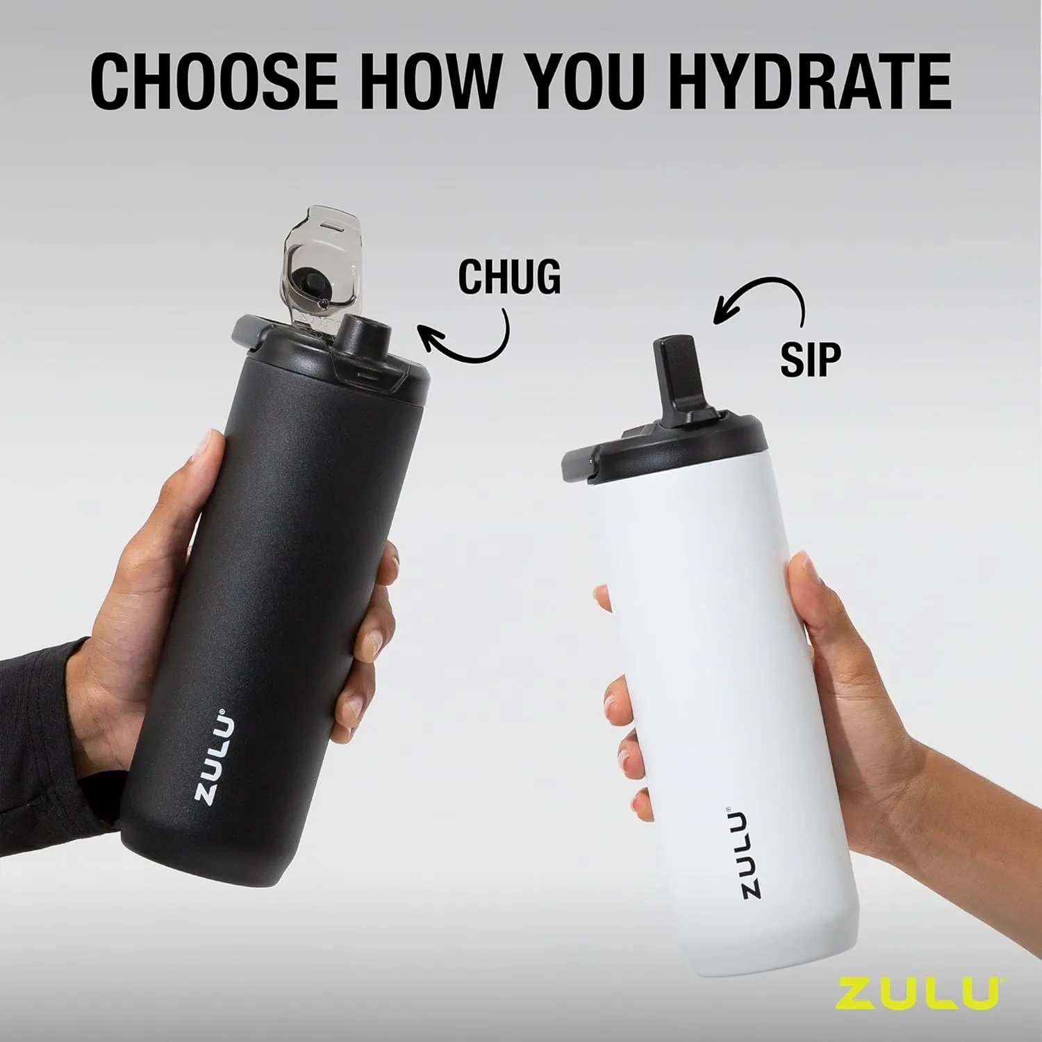 ZULU Base 32oz Stainless Steel Water Bottle with 3 Lids- Straw, Chug, Twist | Double Walled and Vacuum Insulated Metal Thermos | For Gym, Outdoor | Built in Carry Loop, Dishwasher Safe, Guac