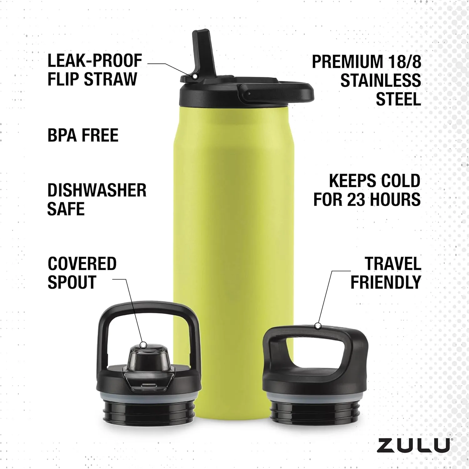 ZULU Base 32oz Stainless Steel Water Bottle with 3 Lids- Straw, Chug, Twist | Double Walled and Vacuum Insulated Metal Thermos | For Gym, Outdoor | Built in Carry Loop, Dishwasher Safe, Guac