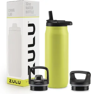 ZULU Base 32oz Stainless Steel Water Bottle with 3 Lids- Straw, Chug, Twist | Double Walled and Vacuum Insulated Metal Thermos | For Gym, Outdoor | Built in Carry Loop, Dishwasher Safe, Guac