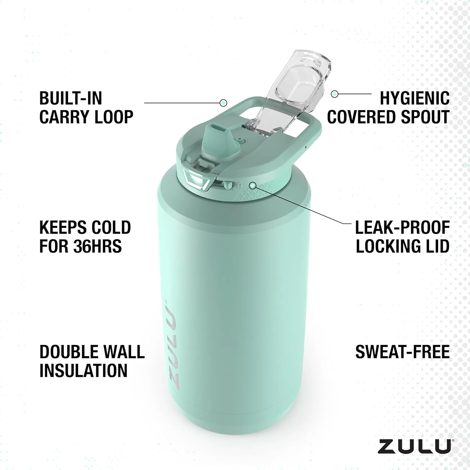 ZULU Goals Vacuum Insulated Large Capacity Stainless Steel Water Bottle | Reusable Jug Thermoses with Carry Handle | Leak-Proof Lid | Perfect for Travel, Workout, Gym, Hiking, Camping | 64oz, 101oz